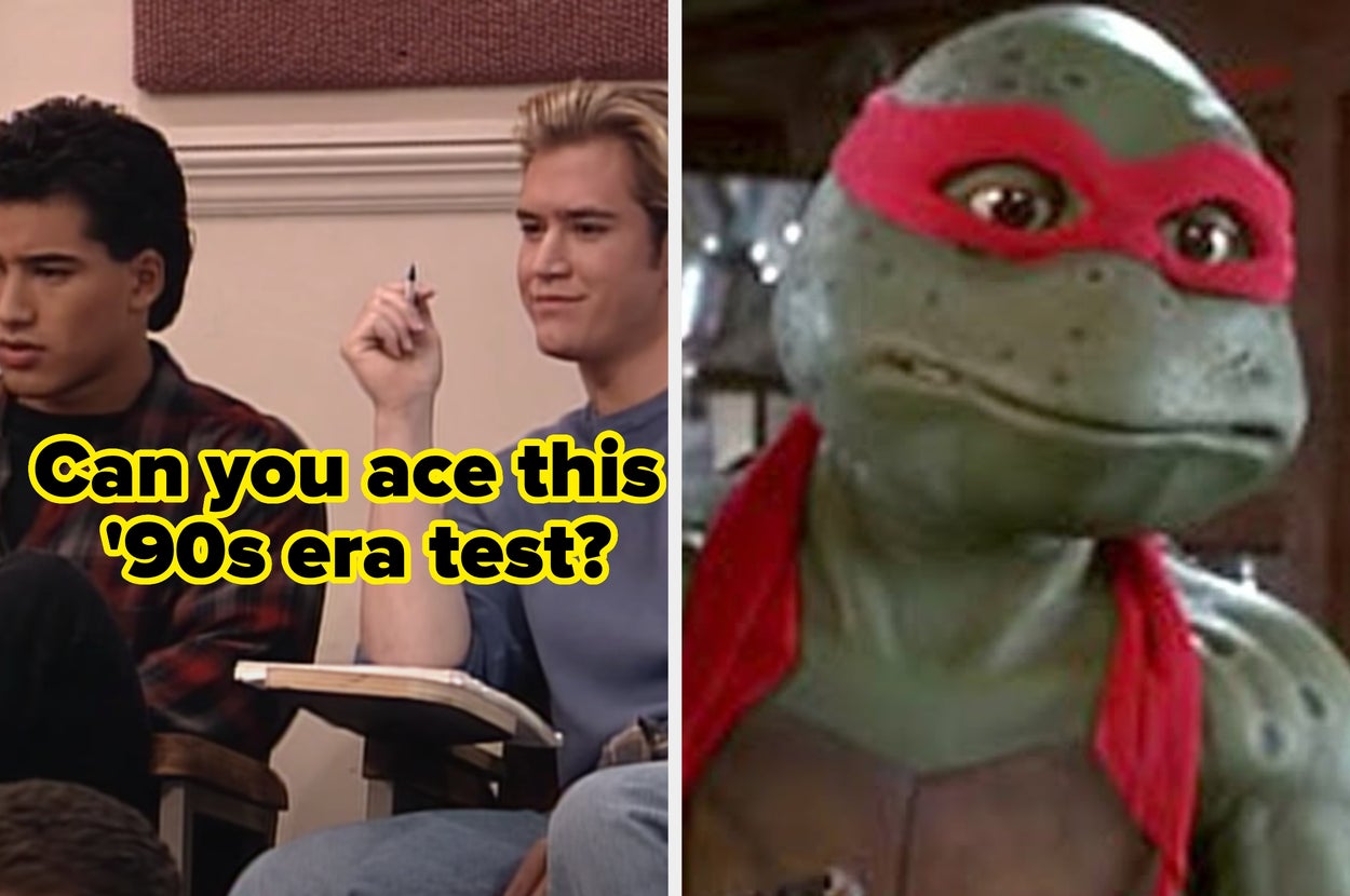 Two images: Left, people in a classroom setting. Right, a Ninja Turtle character with a red bandana. Text: "Can you ace this '90s era test?"