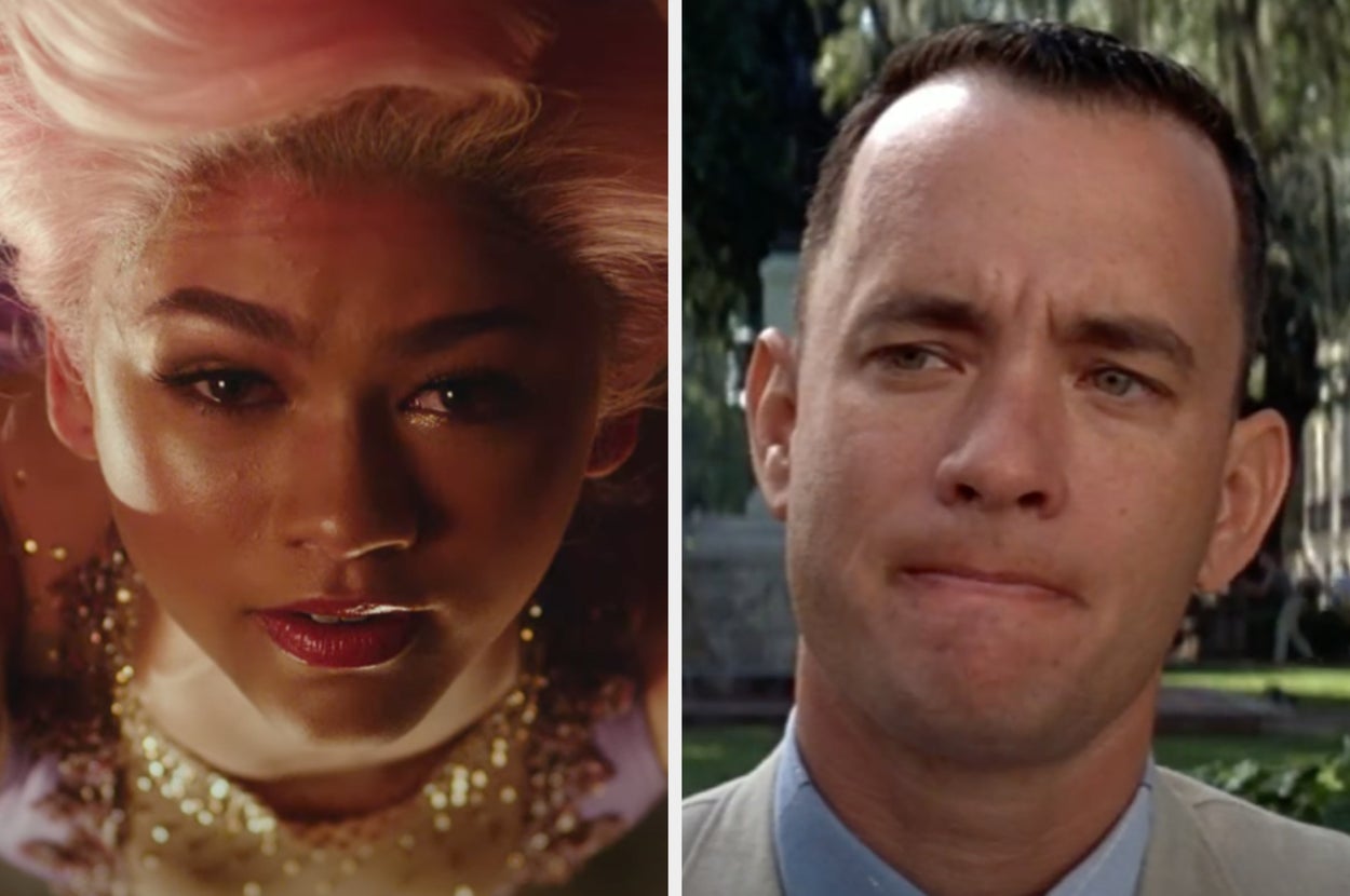 Left: Person with styled hair looks upwards, wearing sparkling makeup and attire. Right: Person outdoors in a suit, appearing thoughtful
