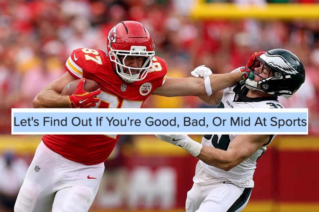 Football player stiff-arms opponent on the field; overlaid text asks about your sports skill level