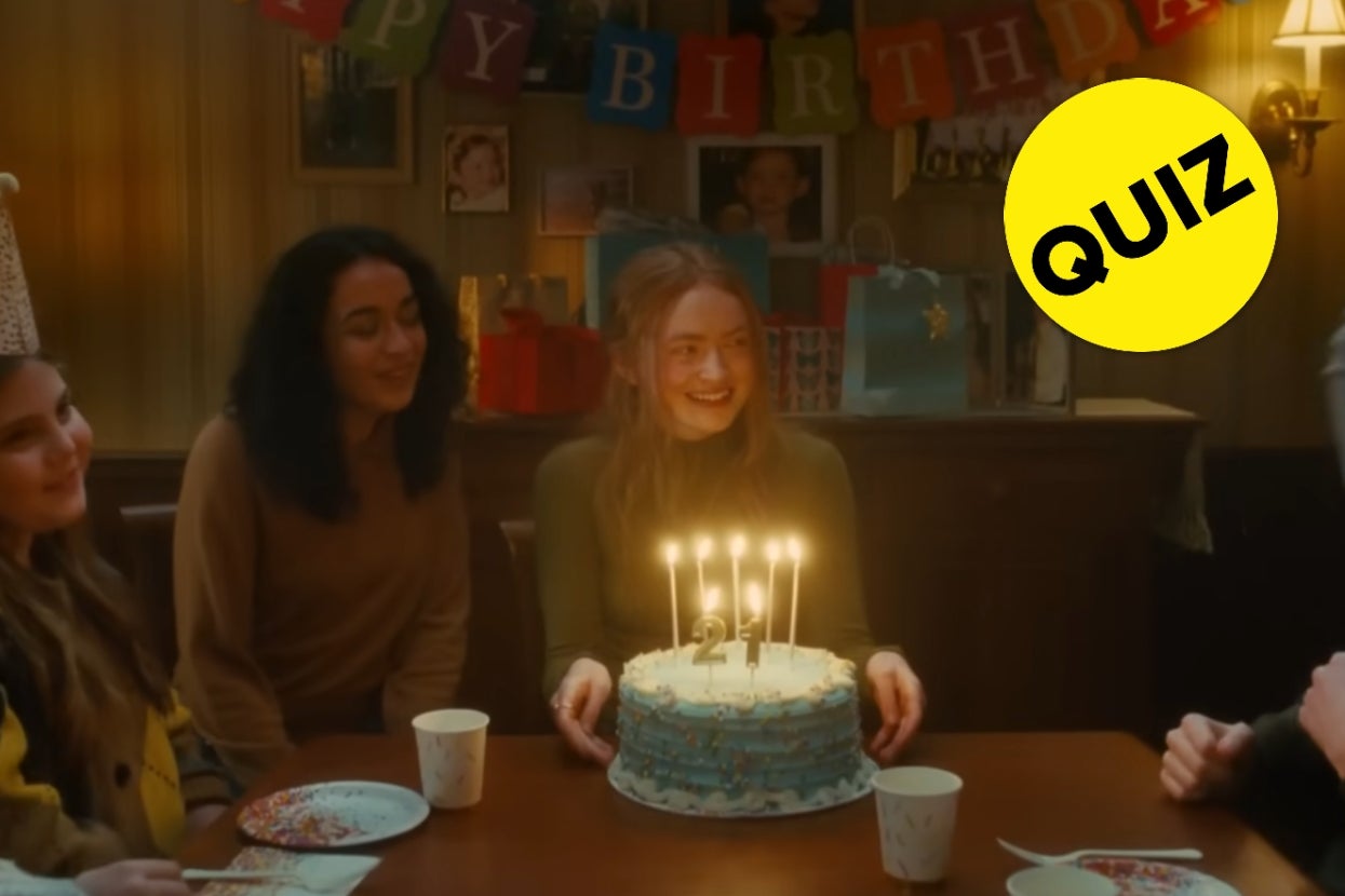 Sadie Sink and a group celebrating with a birthday cake and lit candles in Taylor Swift's "All Too Well" music video; a "Quiz" symbol is shown in the image