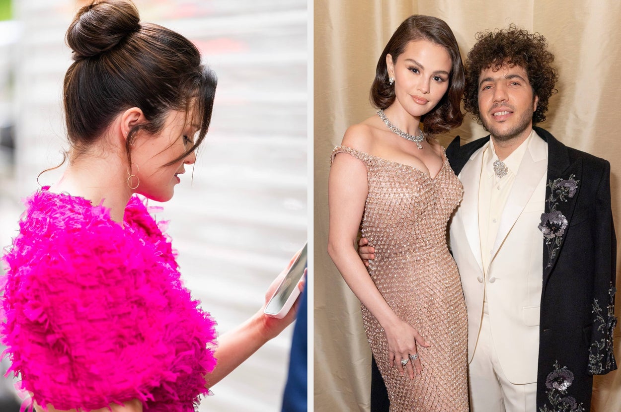 Selena Gomez in a feathered dress vs Selena Gomez in a beaded dress poses with Benny Blanco in a floral suit