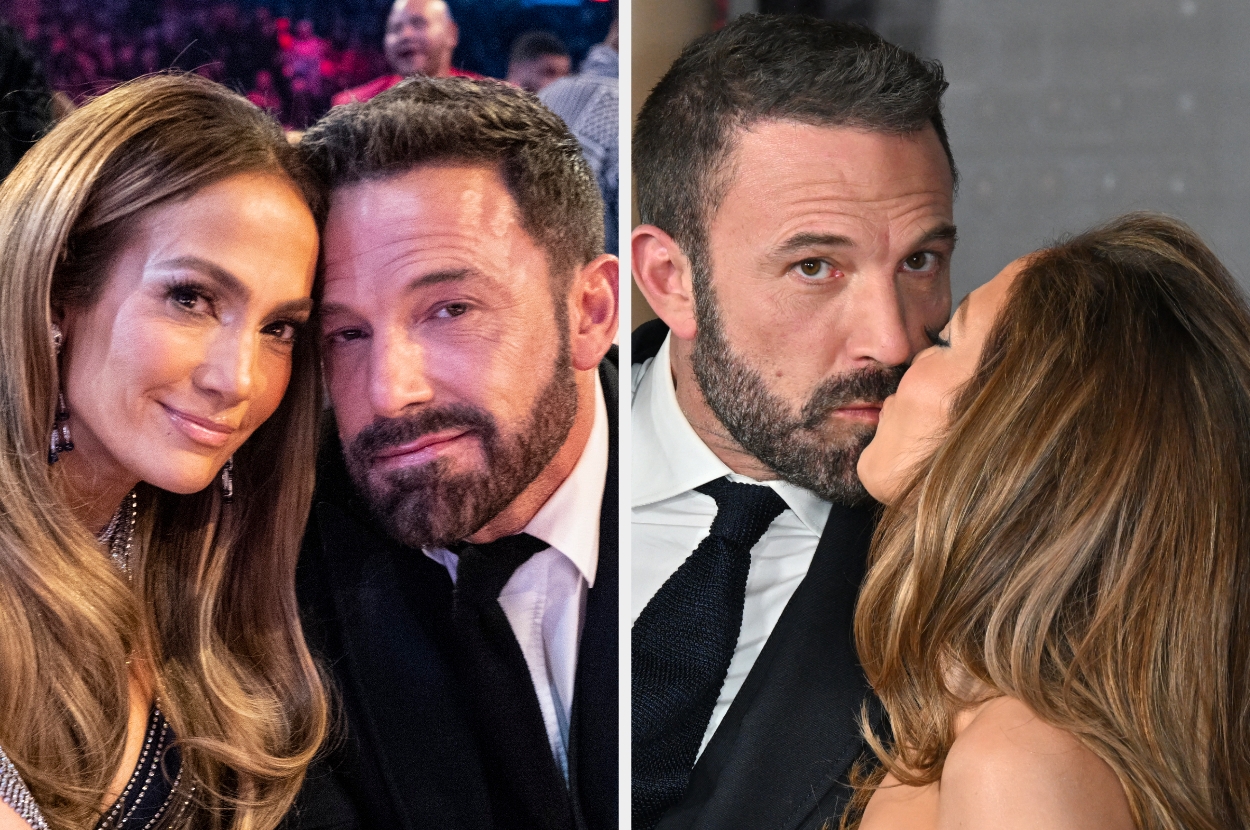 Two photos show a couple: on the left, they pose closely; on the right, they share a kiss. Both wear formal attire