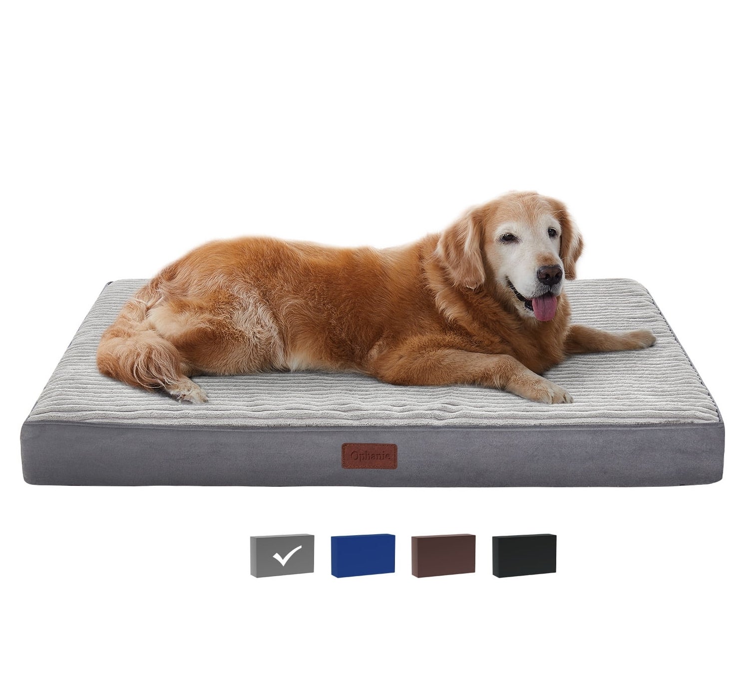 Golden Retriever lying on a rectangular dog bed with textured top, featuring various color swatches below the bed for different color options