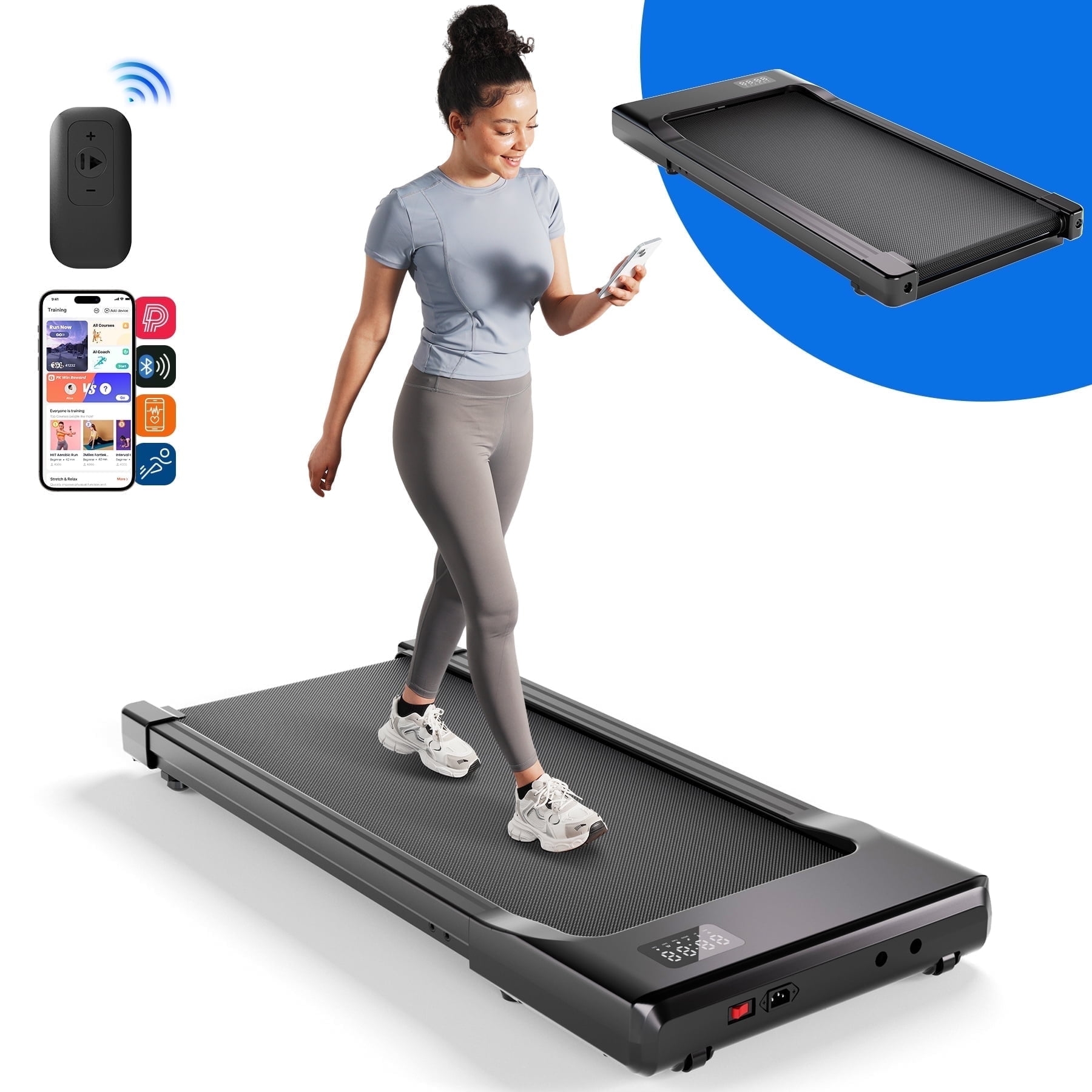 Person walking on a slim treadmill while looking at their phone, with controls and fitness app interface shown, suited for home workouts