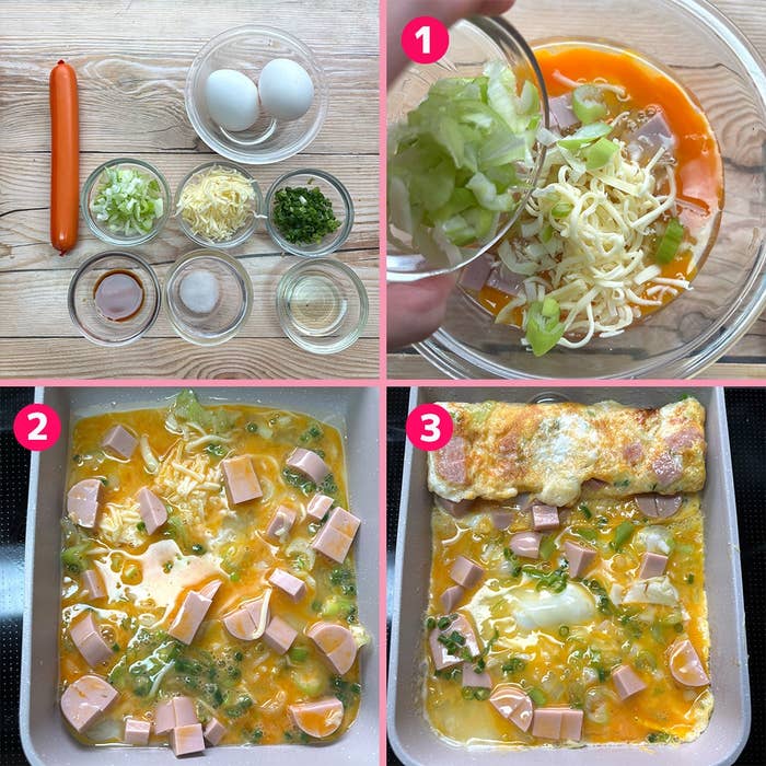 料理手順のコラージュ画像。卵や具材を混ぜて焼き、ロール状にした料理。