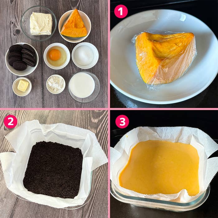 かぼちゃチーズケーキの手順:1. かぼちゃをレンジで加熱。2. クラストを敷く。3. フィリングを注ぐ。