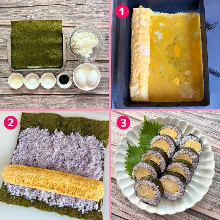 卵焼きとゆかり入りのご飯をのりで巻く手順。卵焼き作り、のりにご飯を載せ、卵巻きを置き、完成したのり巻きの写真。