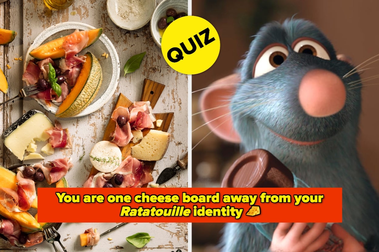 Cheese board with assorted cheeses and prosciutto on left. Remy from Ratatouille on right. Text: "You are one cheese board away from your Ratatouille identity."