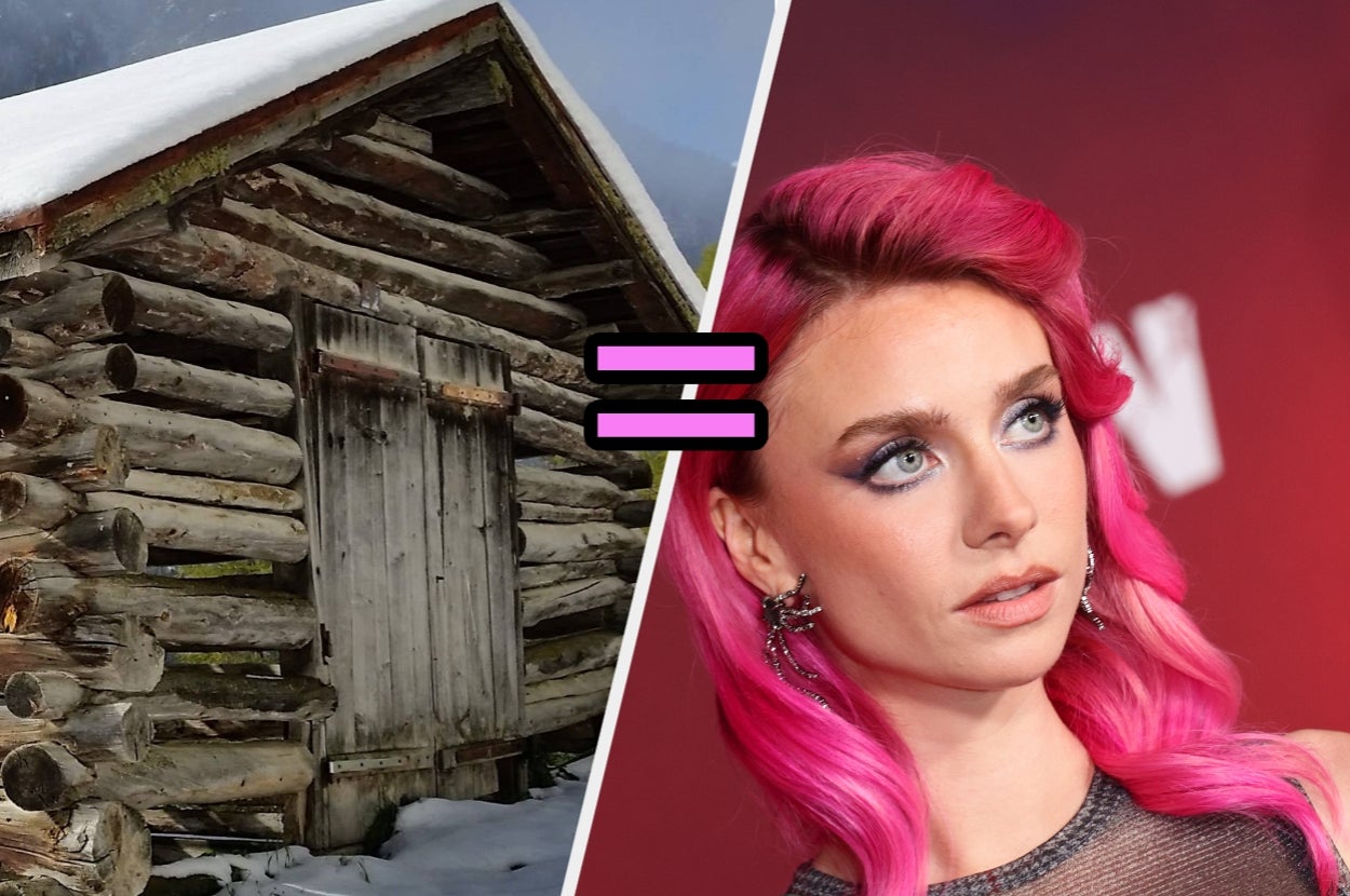 A split image: left half shows a rustic log cabin; right half shows a person with pink hair styled in waves on a red carpet