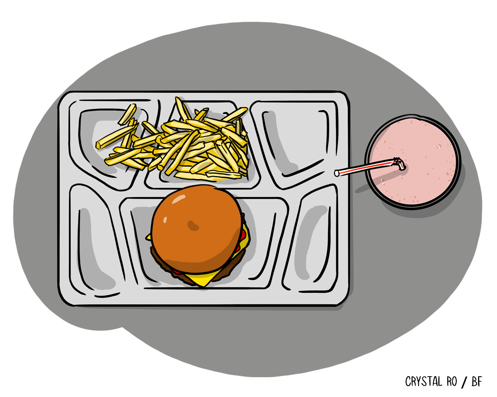 Tray with burger, fries, and a drink on the side. Plate is sectioned, typical of cafeteria style