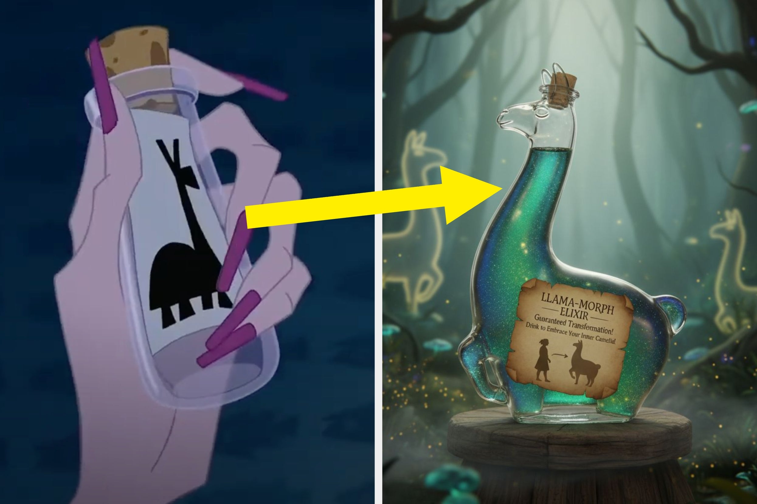 A hand holds a vial with a llama symbol, next to a glowing llama-shaped bottle labeled "Llama-Morph Elixir" in an enchanted forest setting