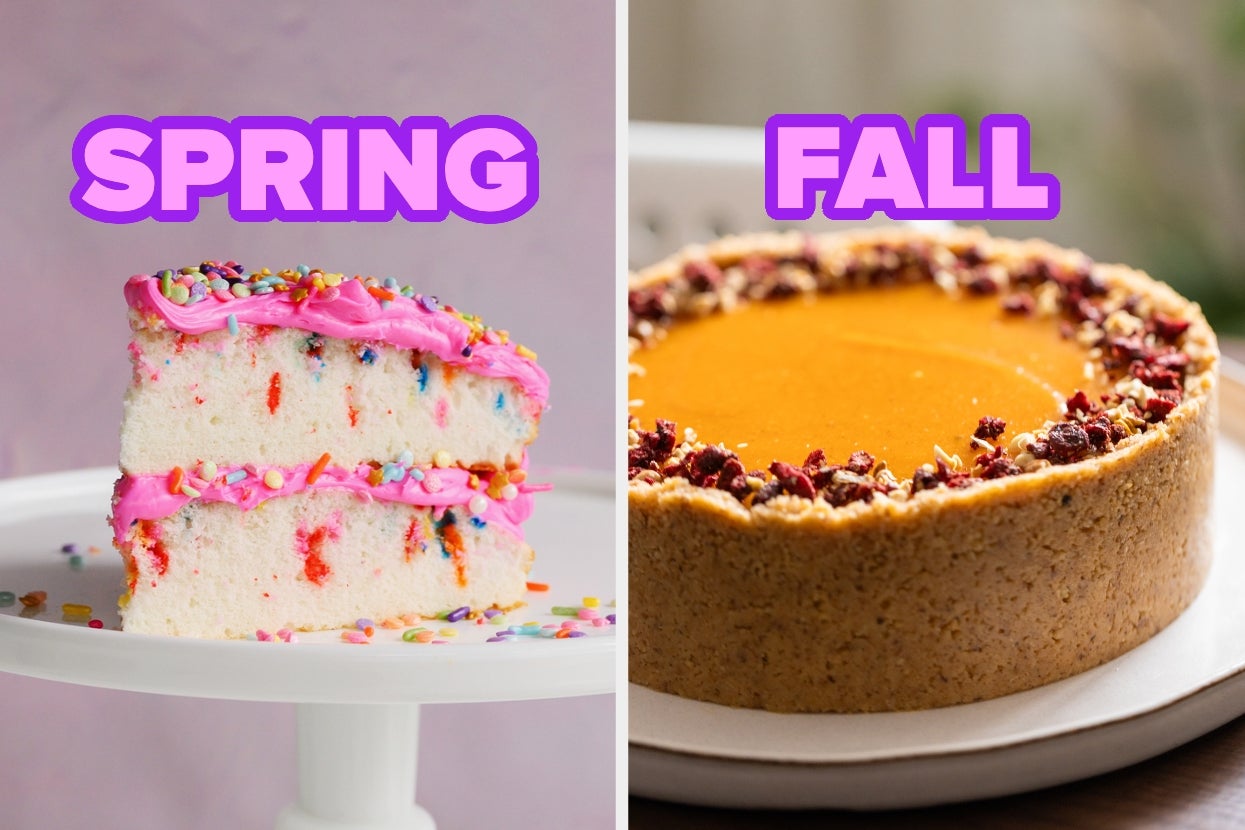 Side-by-side: Cake with pink frosting and sprinkles labeled "Spring," and pumpkin pie with a crust labeled "Fall."