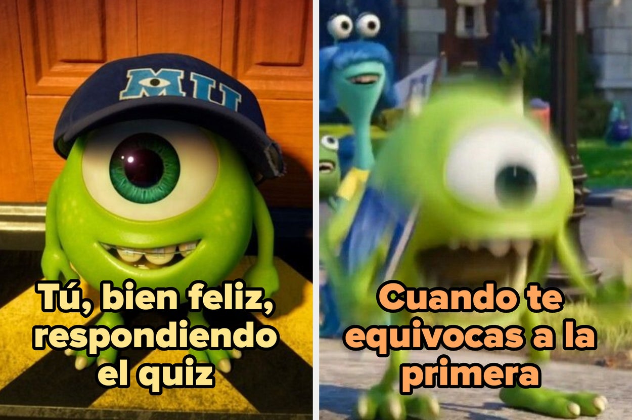 Imagen de un personaje animado en dos estados: feliz con gorra y otro confundido. Texto: "Tú, bien feliz, respondiendo el quiz" y "Tú, cuando te equivocas a la primera"
