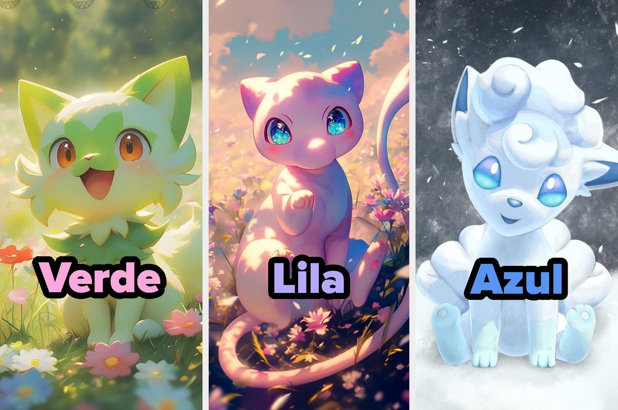 Three cute, animated cat-like creatures sit among flowers. Each one is labeled: "Rosa," "Lila," and "Azul," with whimsical features