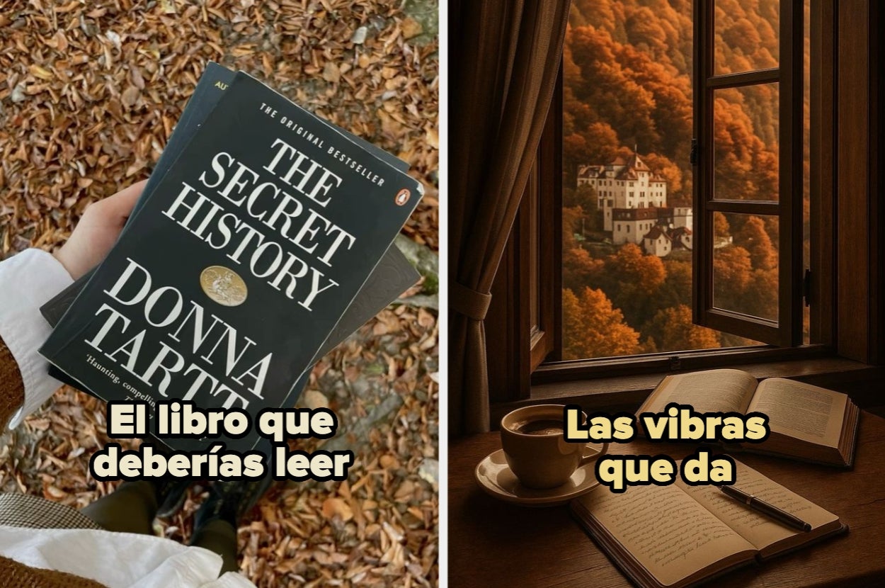A la izquierda, una persona sostiene "The Secret History" de Donna Tartt. A la derecha, libro abierto y café junto a ventana con vista otoñal