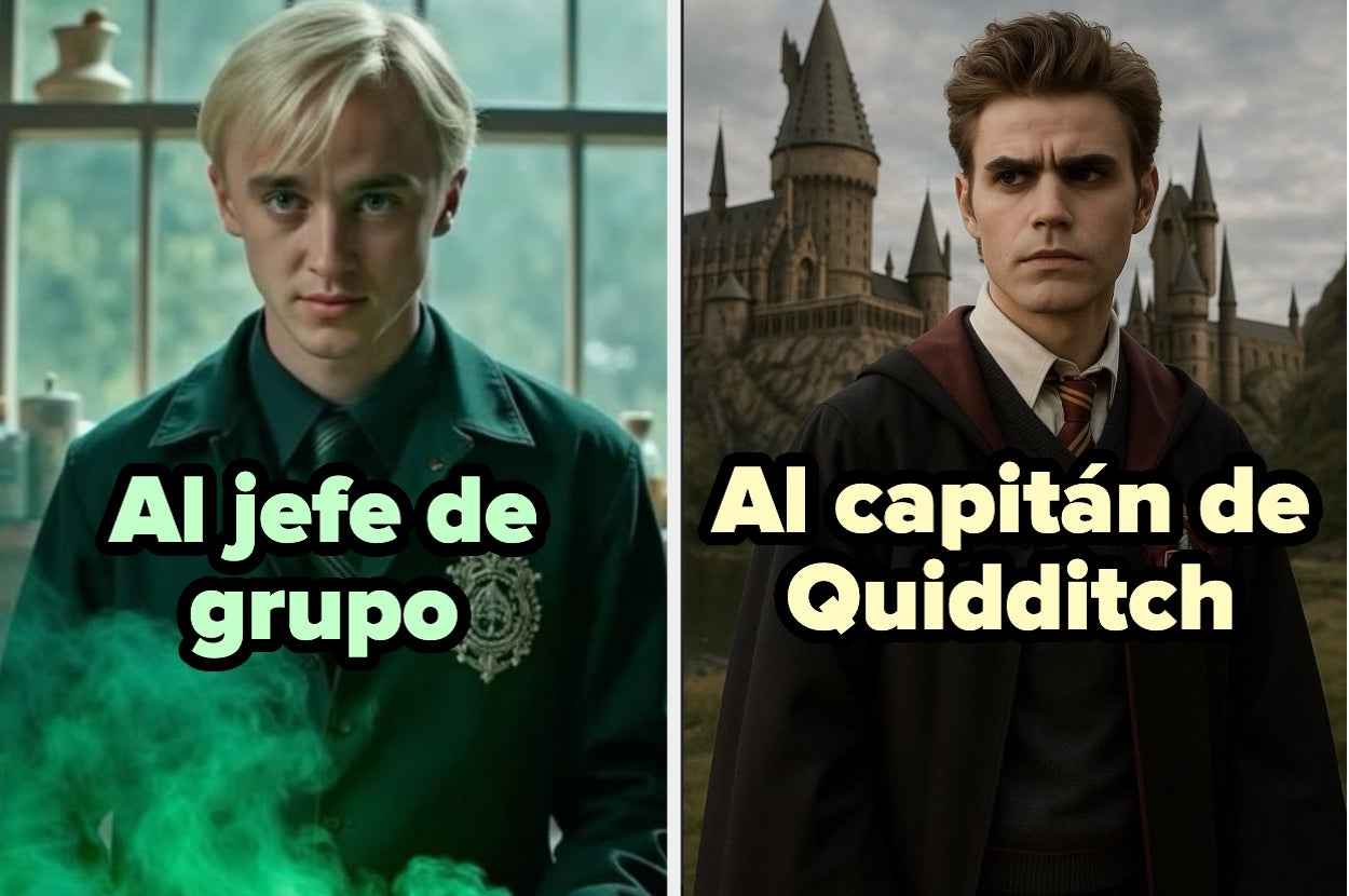 Dos personajes ficticios comparados: uno como "jefe de grupo" con caldero, el otro como "capitán de Quidditch" en Hogwarts