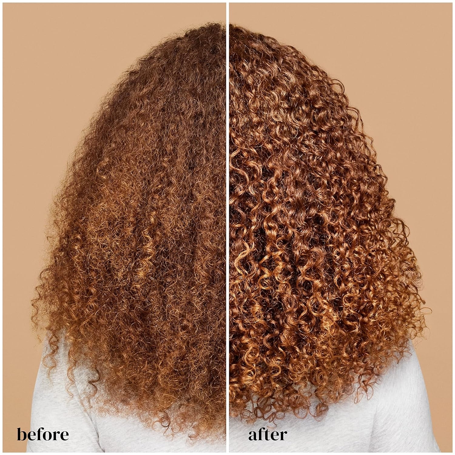 Before and aft  representation  showing hairsbreadth  translation  from frizzy to defined curls, highlighting a hairsbreadth  product's effect