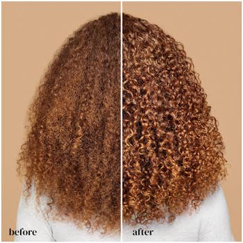 Before and aft representation showing hairsbreadth translation from frizzy to defined curls, highlighting a hairsbreadth product's effect