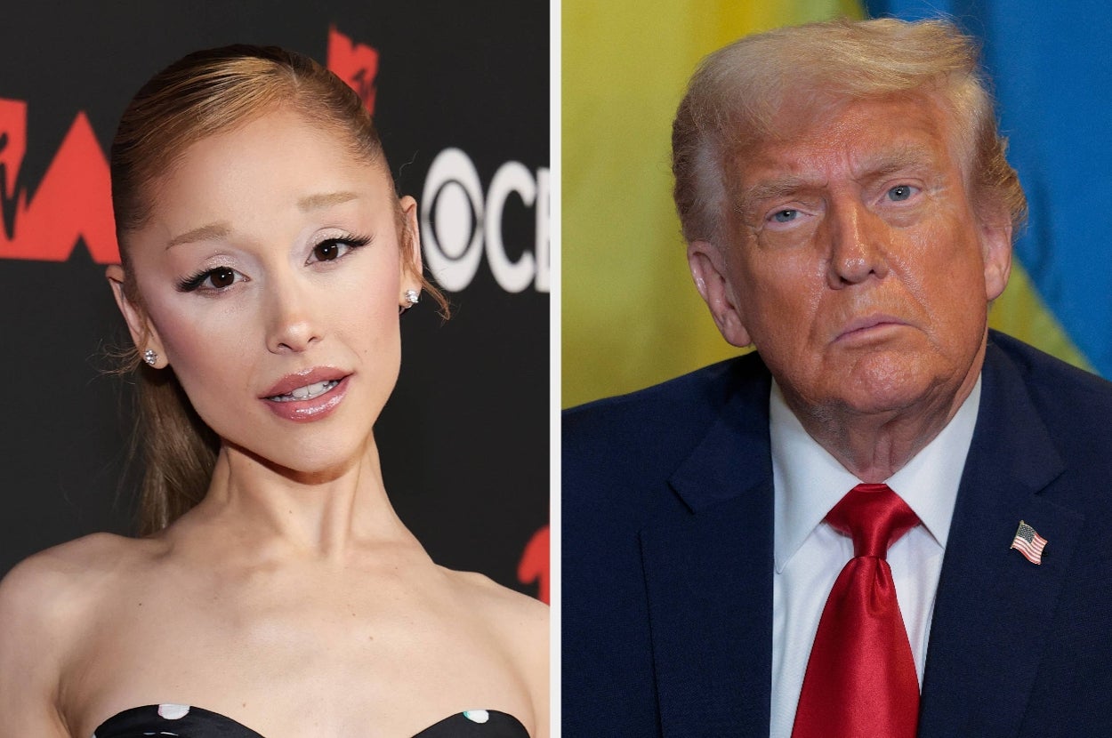 Two individuals side-by-side. Left: Person in strapless top at an event. Right: Person in a suit with a U.S. flag pin