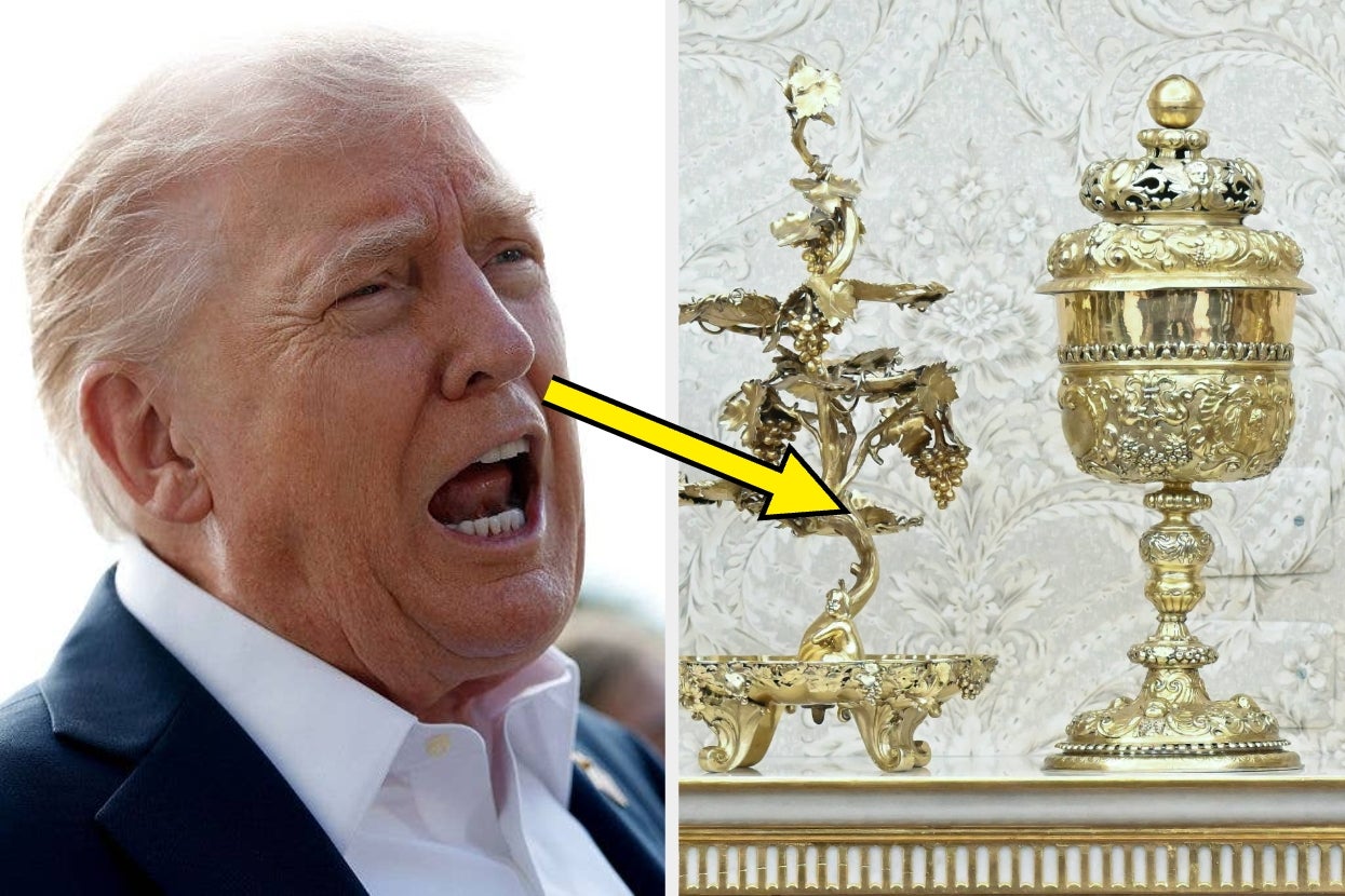 Person speaking with an open mouth; a decorative gold object is shown on the right side of the split image