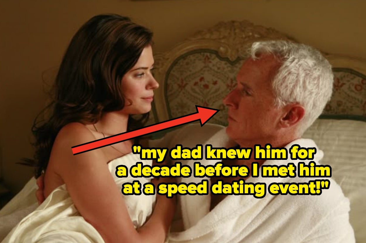 A couple in bed, wrapped in sheets, with the woman laughing. The image text says, "My dad knew him for a decade before I met him at a speed dating event!"