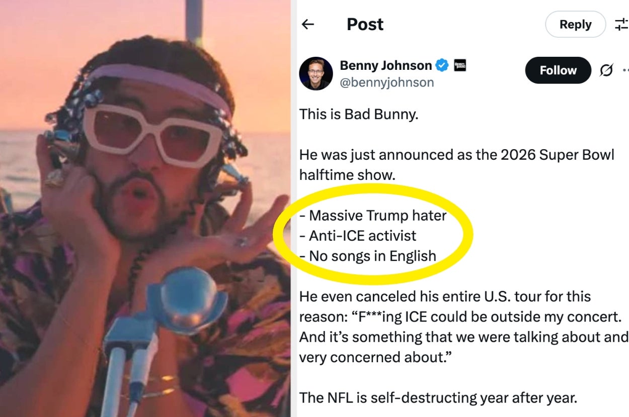 Person with braids and sunglasses performing. Tweet criticizing potential Super Bowl performer as anti-Trump and anti-ICE with no English songs