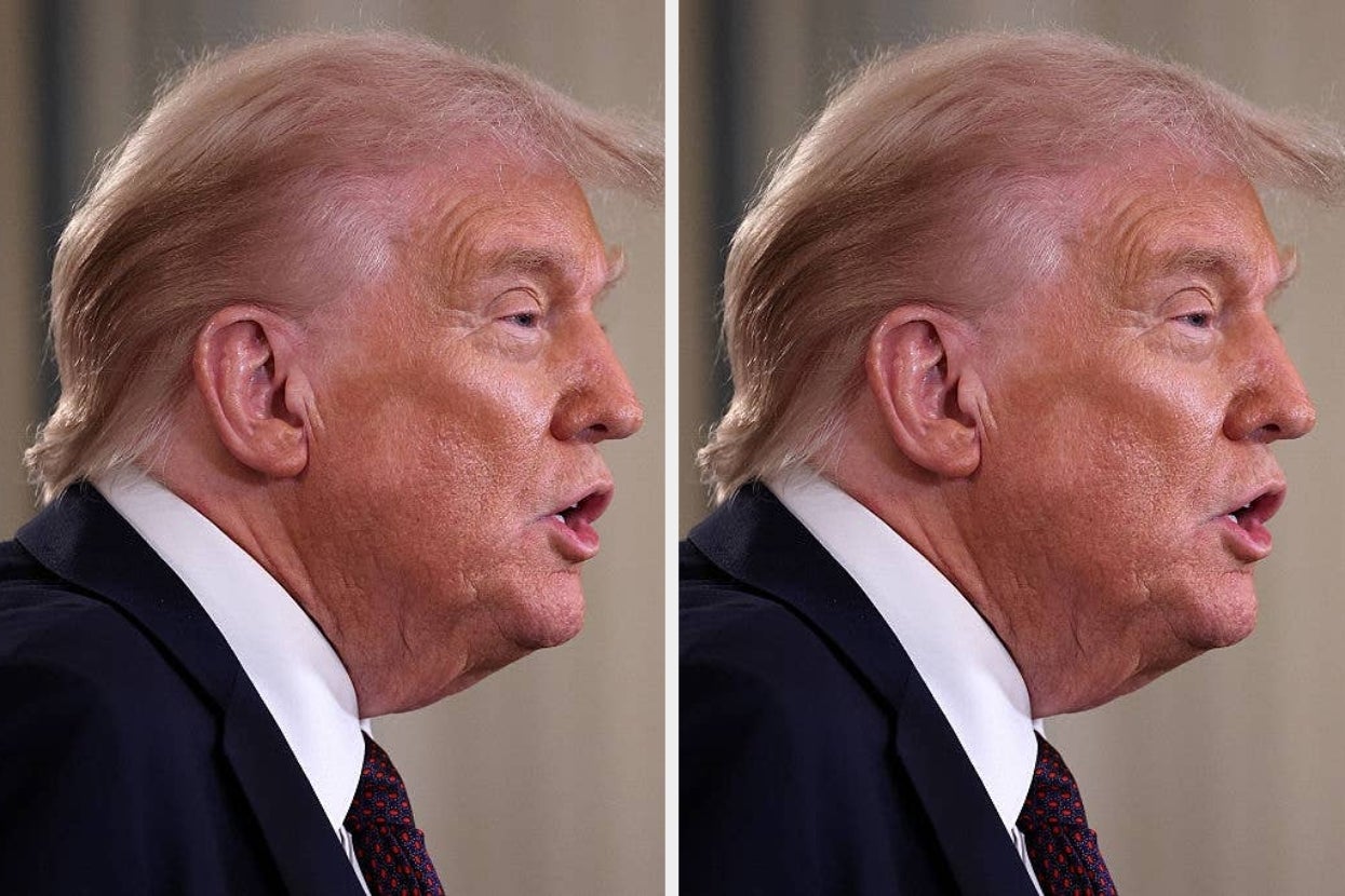 Two side-by-side profile photos of the same individual speaking, wearing a suit and tie