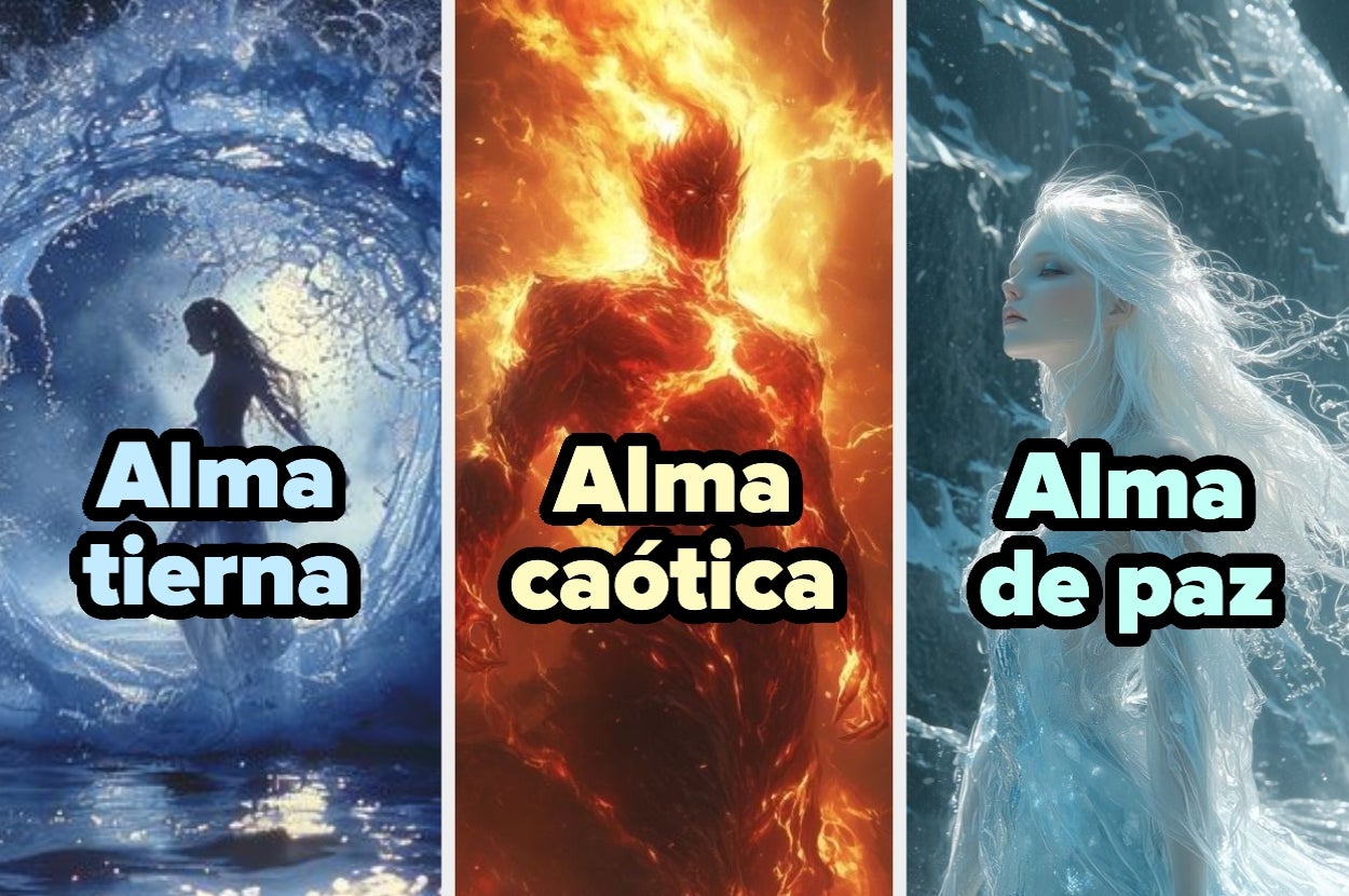 Tres ilustraciones de seres místicos: uno de agua, otro de fuego y uno de aire, representando "Alma tierna", "Alma caótica" y "Alma de paz"