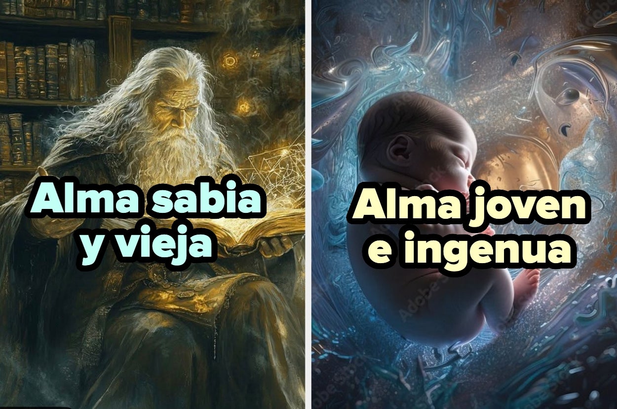 A la izquierda, un anciano leyendo. A la derecha, un bebé rodeado de un diseño etéreo. Textos: "Alma sabia y vieja", "Alma joven e ingenua"