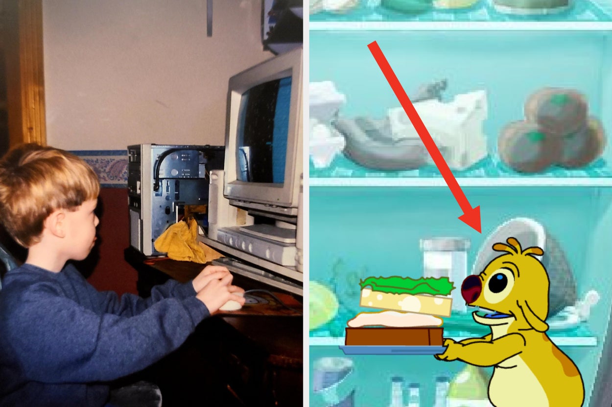 A child sits at a vintage computer, using a mouse and looking at the monitor. There's a cup and some scattered items nearby