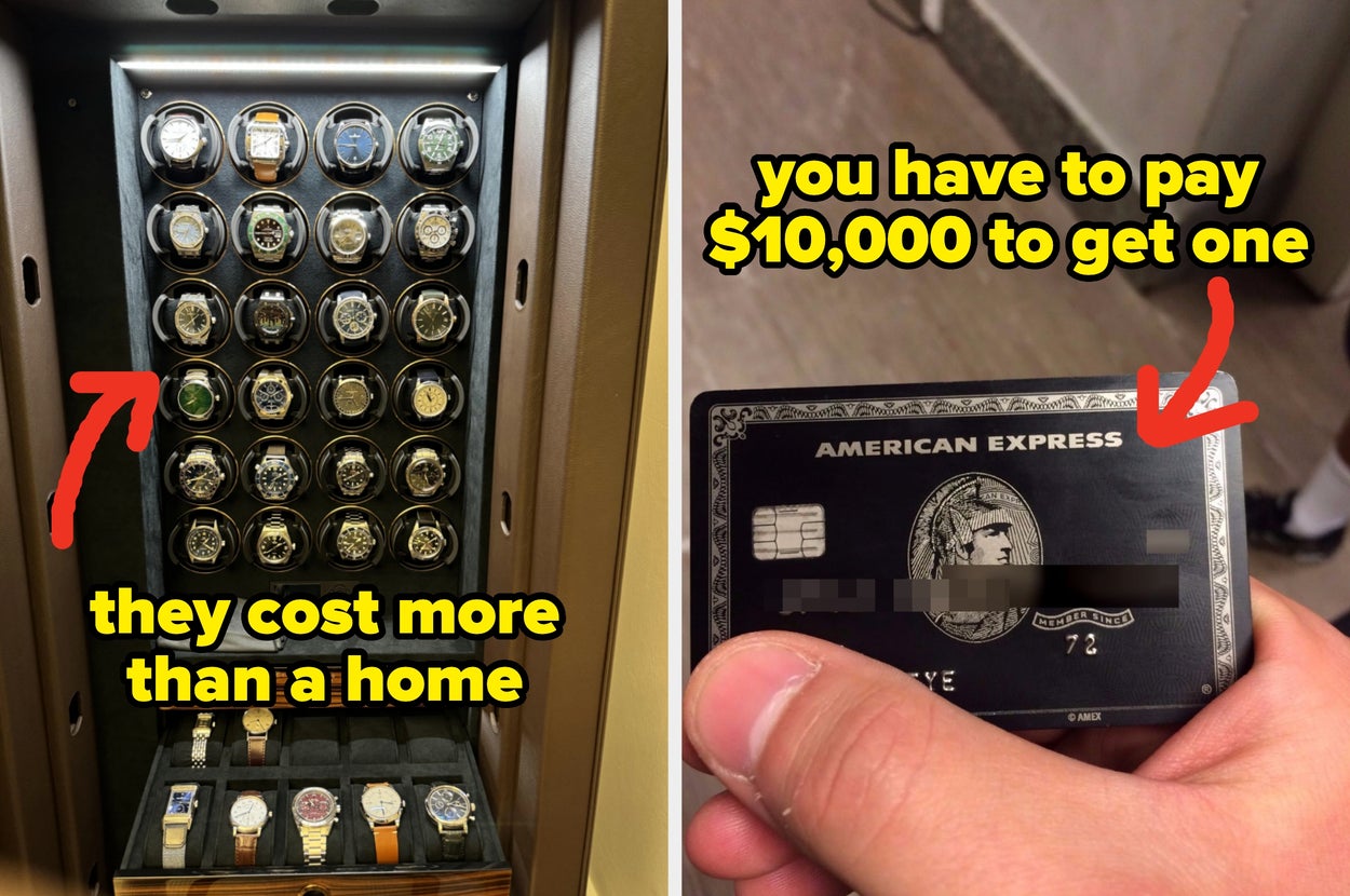 Display of luxury watches with text suggesting high value; image of an American Express card with text mentioning a $10,000 fee