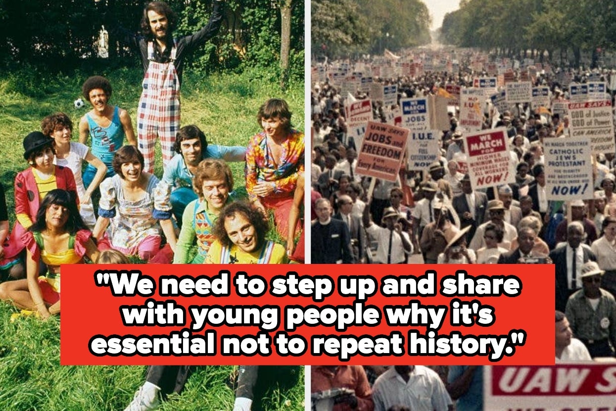 Split image: Left shows a diverse group in retro clothing in a park; right shows a historic civil rights march. Text: "We need to... not to repeat history."