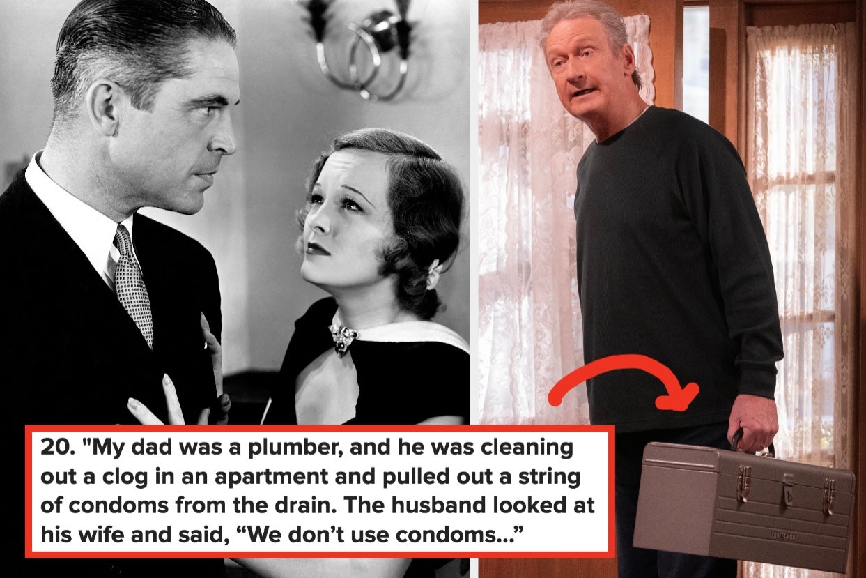 Black-and-white image of a classic film scene paired with a modern comedic image of a man holding a toolbox, shared with a humorous plumbing story