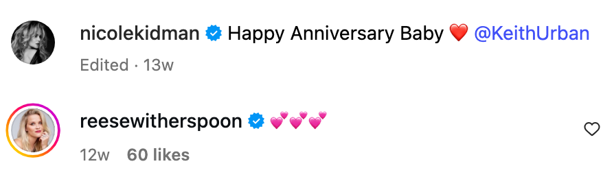 Nicole Kidman posts "Happy Anniversary Baby" tagging Keith Urban; Reese Witherspoon responds with heart emojis