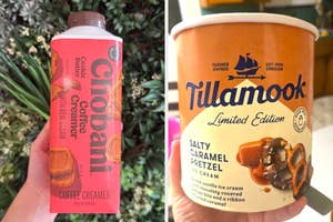 Chobani cookie butter coffee creamer on left; Tillamook salty caramel pretzel ice cream on right