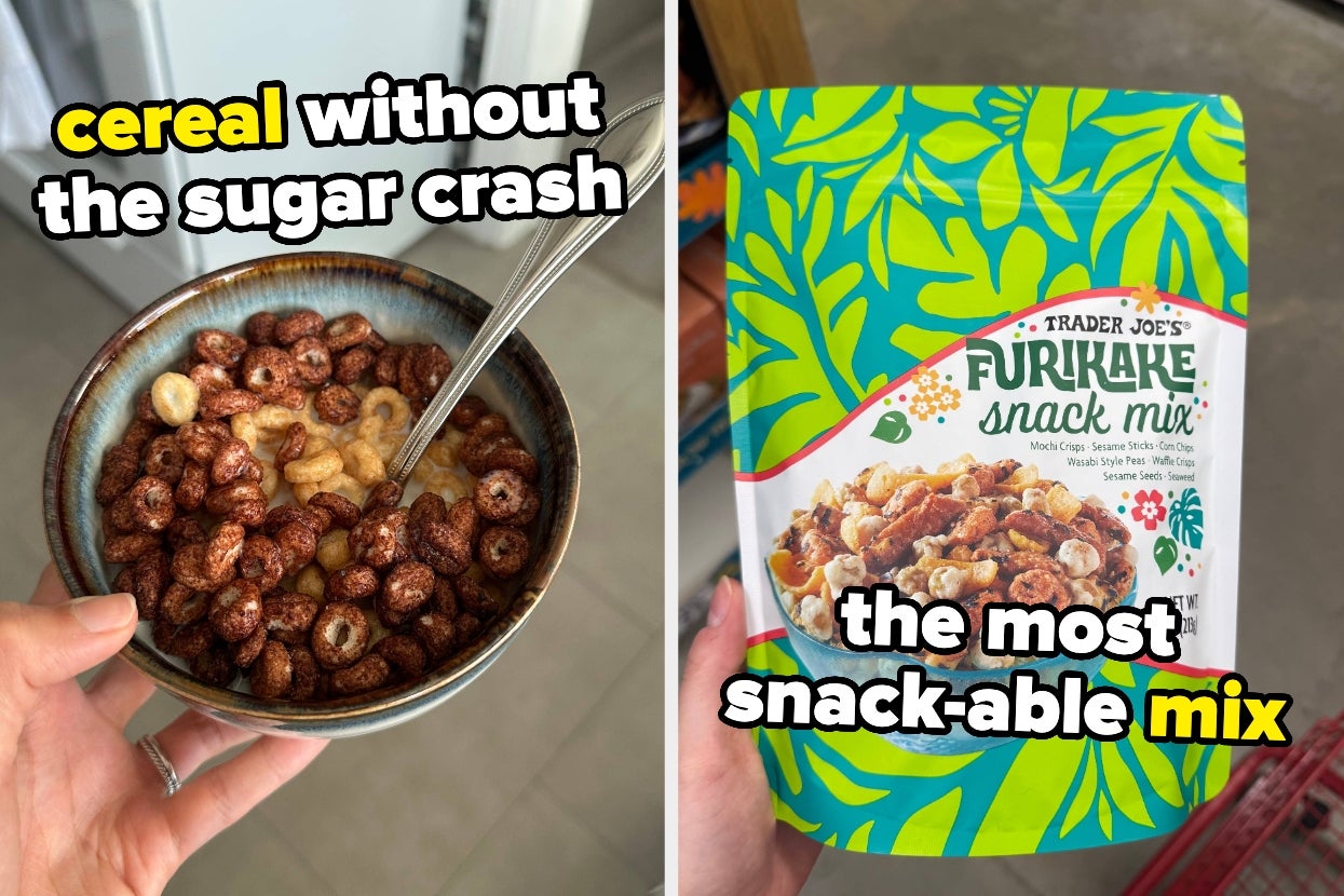 Bowl with cereal and milk on left, package of Trader Joe's Furikake Snack Mix on right, described as the most snack-able mix