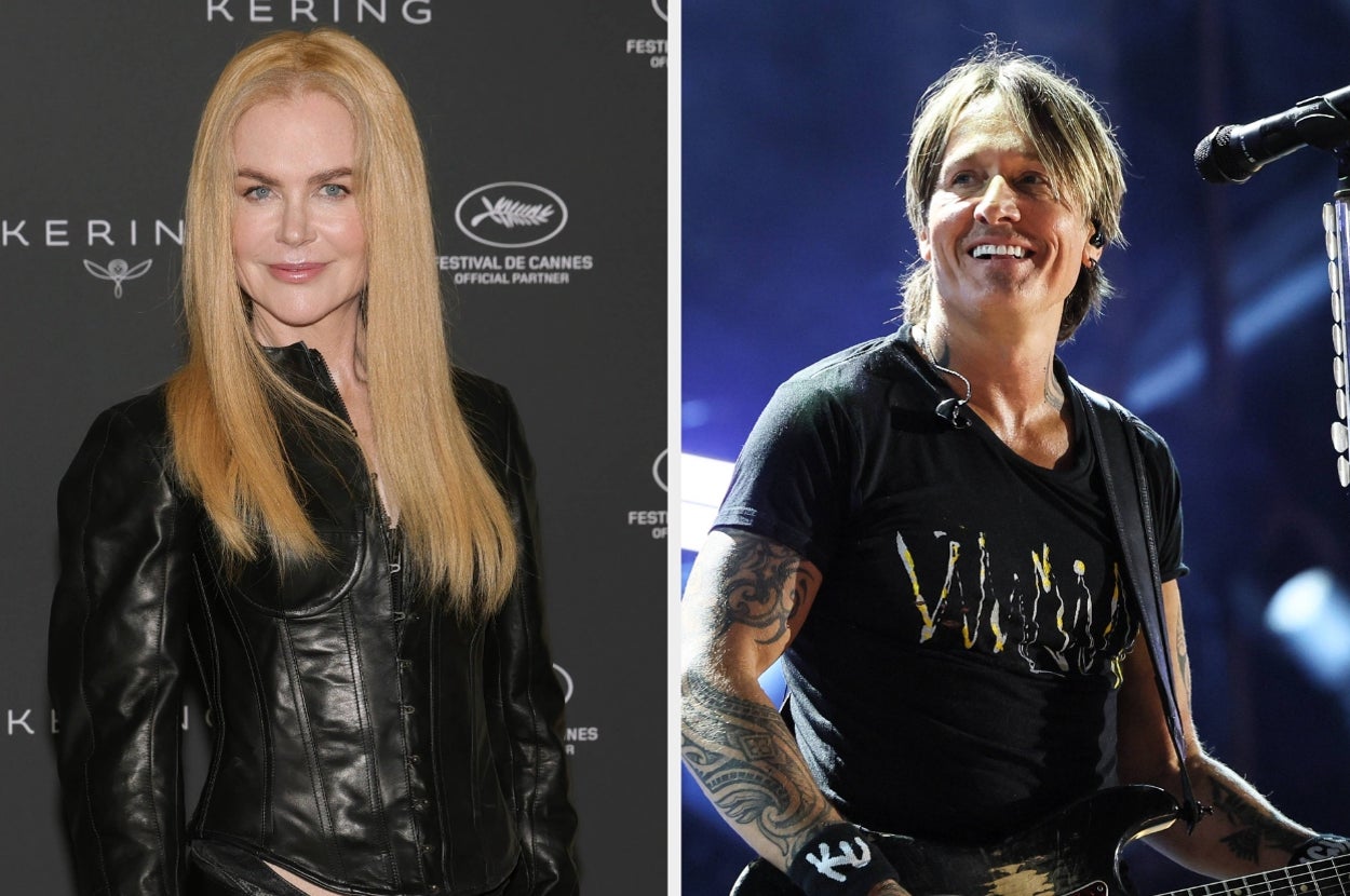 Two celebrities pose: one in a leather jacket at an event, and another performing onstage with a guitar