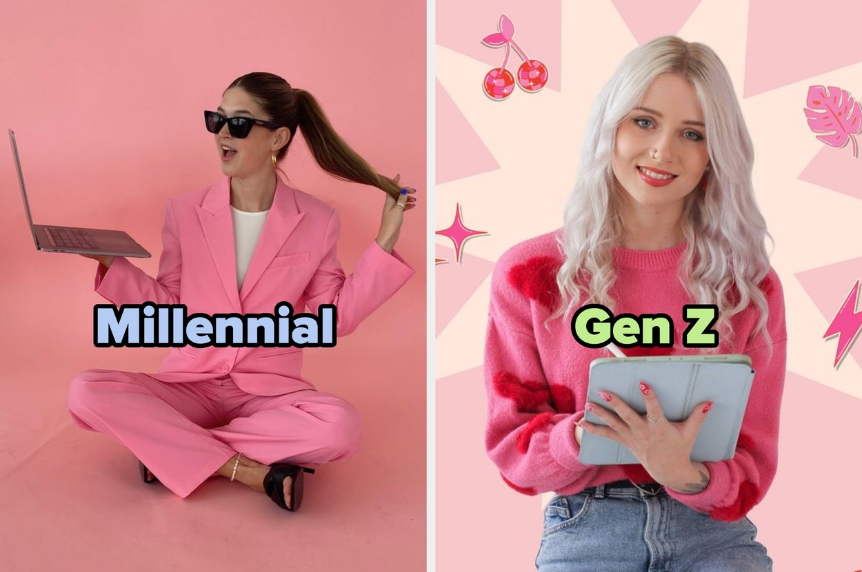 Left: Person in pink suit, ponytail, and sunglasses, holding a laptop, labeled "Millennial." Right: Person with long hair in a sweater with a notepad