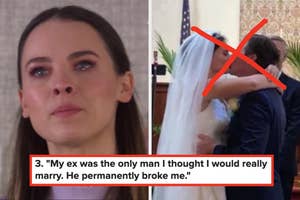 A woman appearing emotional; right side shows a bride and groom kissing with a large red X over them, text: "My ex was the only man I thought I would really marry; he permanently broke me"