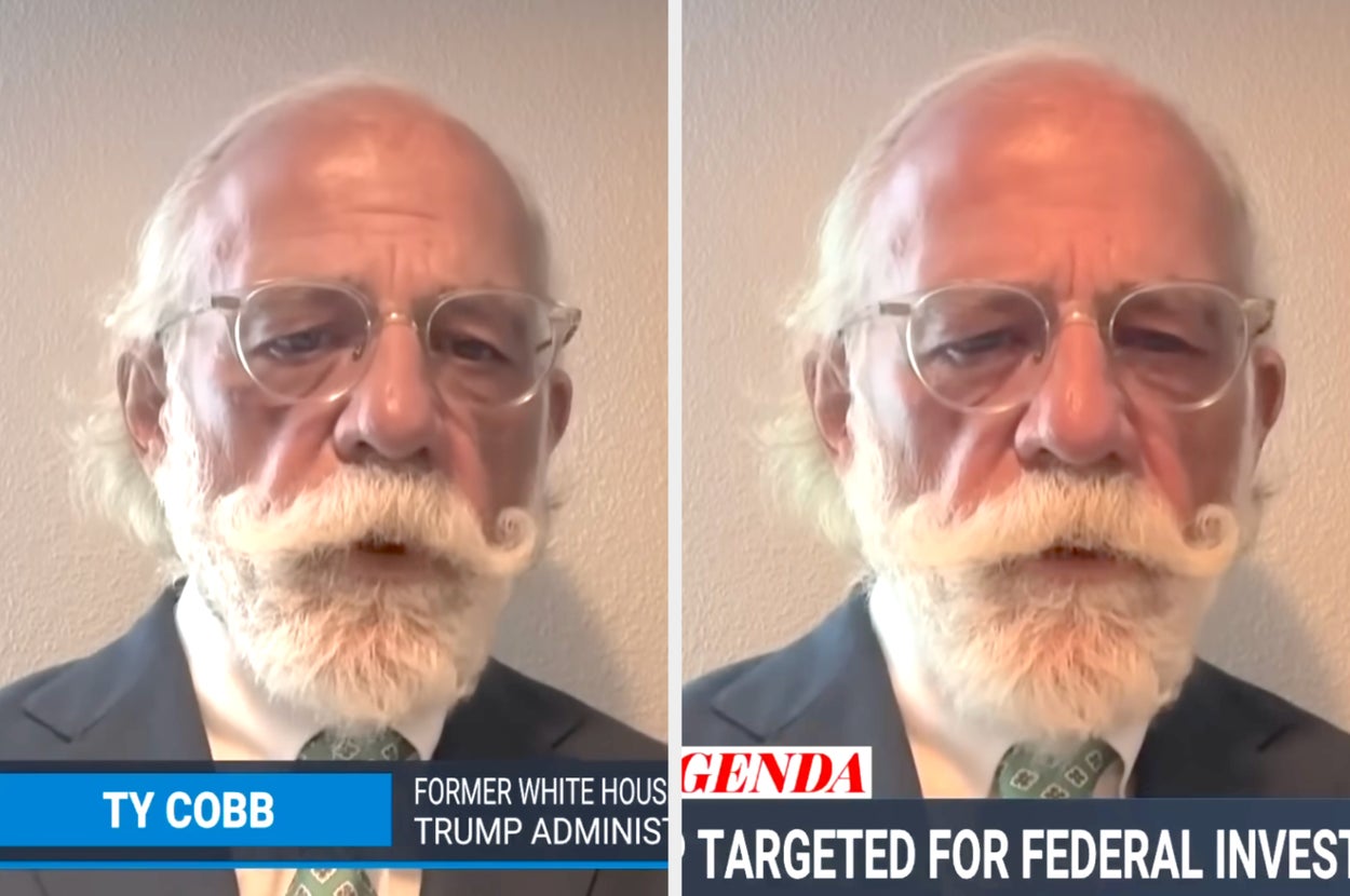 A man with a white beard and glasses wearing a suit, labeled as "Ty Cobb, former White House Trump Admin" in split-screen news graphic