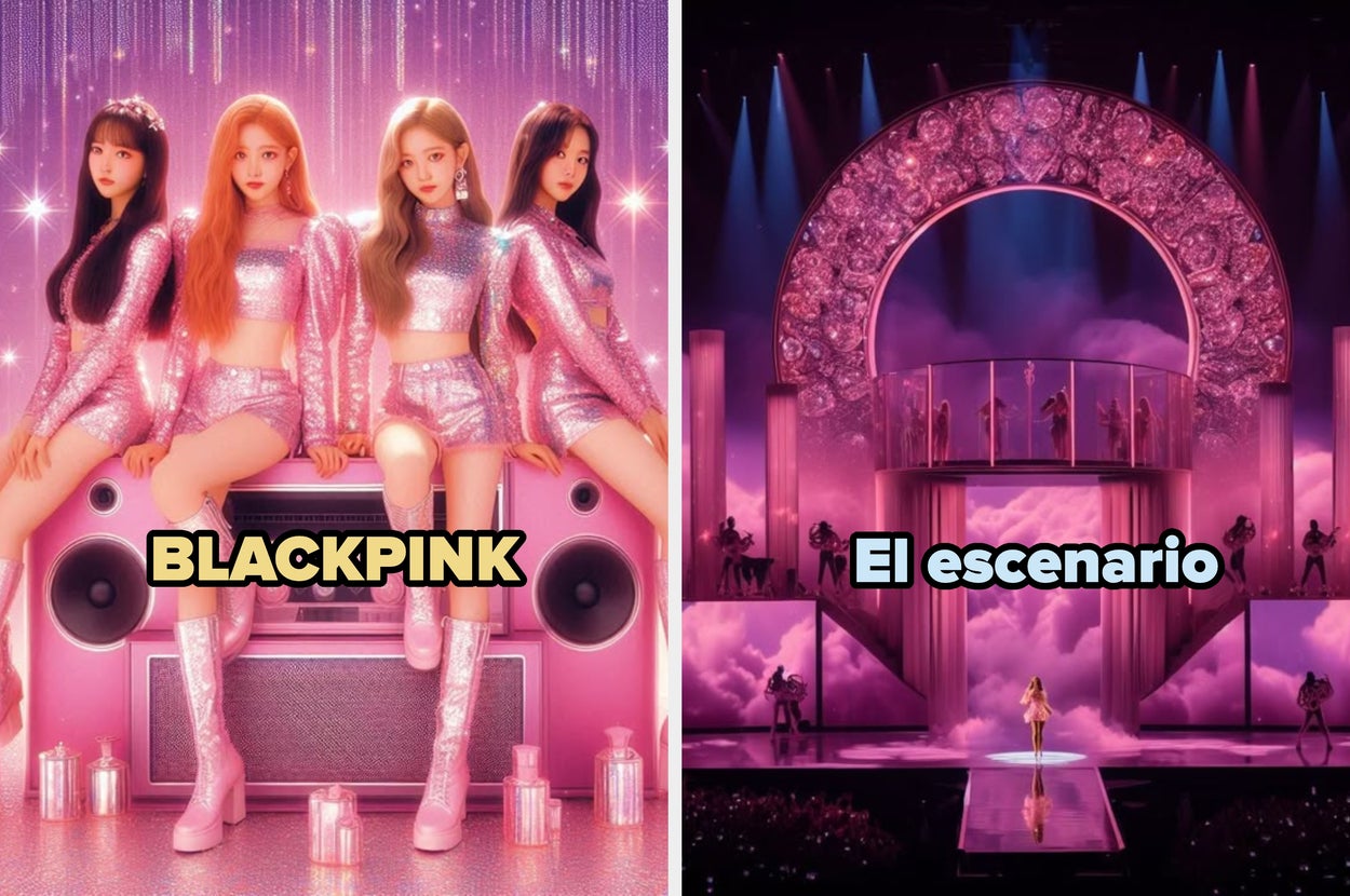 Four performers in matching sparkling outfits on stage, left side reads "Tu show de medio tiempo"; right side shows stage with arch, reads "El escenario"