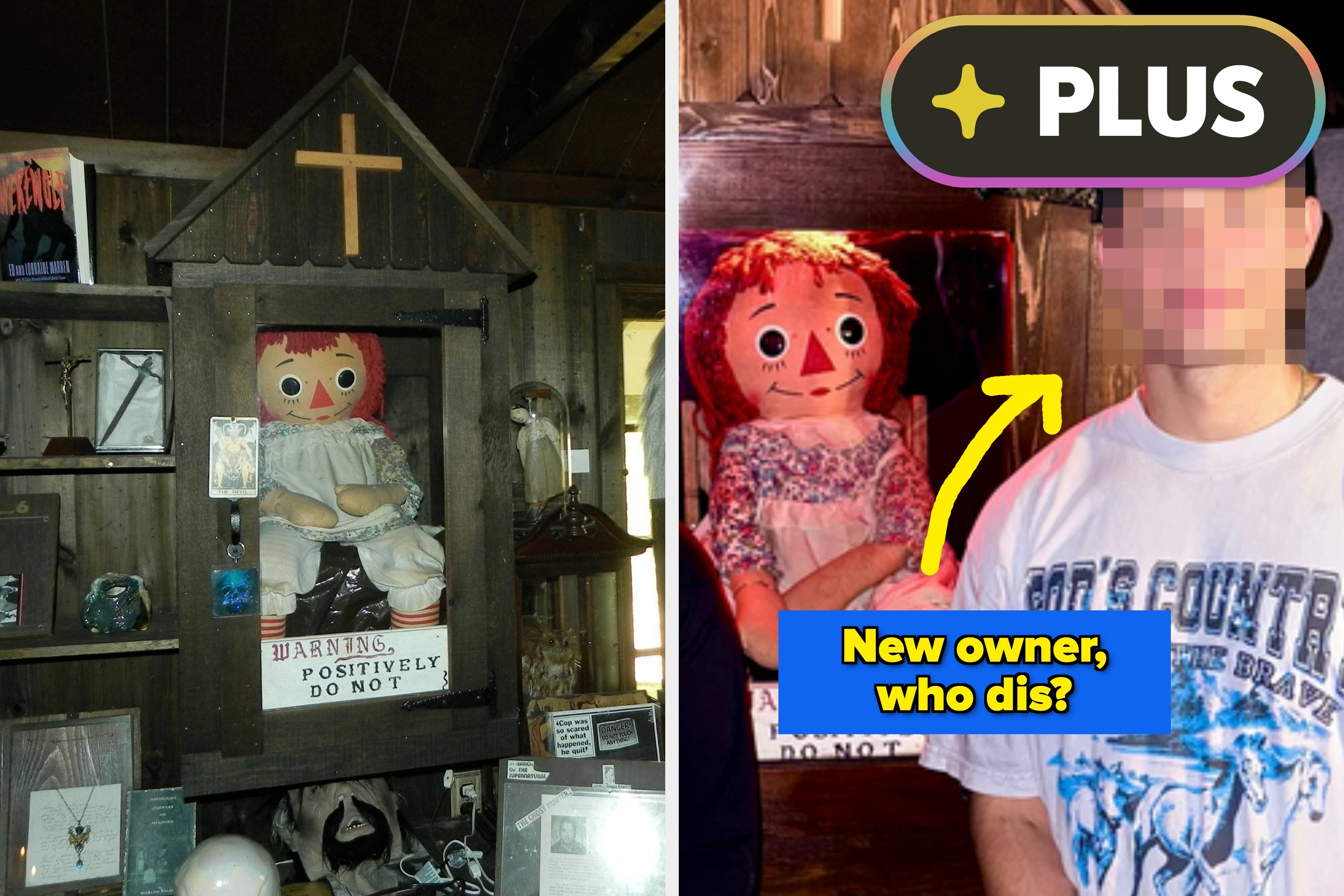 Annabelle doll in a wooden case labeled "Warning: Positively Do Not Open." Next to it, a man with a blurred face stands beside the doll, with a text overlay asking "New owner, who dis?"