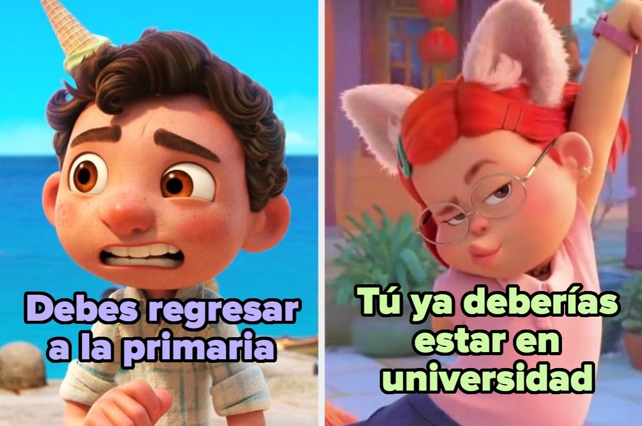 Dos personajes animados: uno con expresión preocupada y otro confiado, con texto humorístico sobre niveles educativos