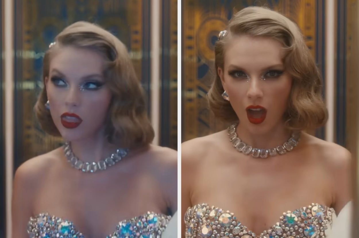 A person in a glamorous jeweled strapless dress with a vintage hairstyle and bold makeup, looking engaged in a conversation or singing