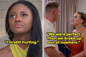 Two images: left shows a woman looking upset with quote "I'm still hurting;" Right shows a couple in heated discussion, with quote about sudden breakup