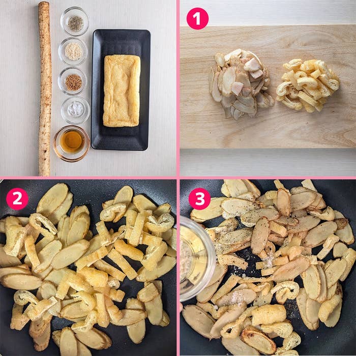 ごぼう炒めのレシピ手順。1. ごぼうをスライス。2. フライパンで炒める。3. 塩コショウで味付け。