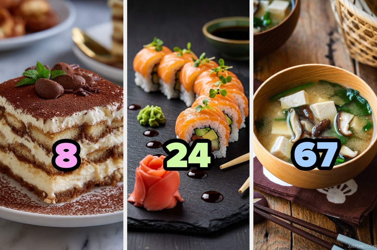 Tiramisú con número 8, rollos de sushi con número 24, sopa de miso con número 67 enfrente