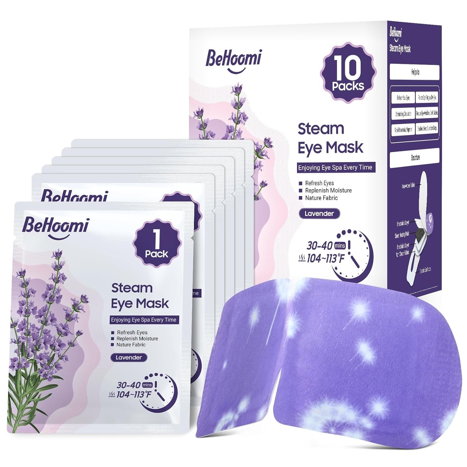 Behoomi Lavender Steam Eye Mask packaging, showing 10-pack box, idiosyncratic  sachets, and purple oculus  disguise  with lavender illustration
