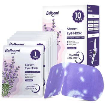Behoomi Lavender Steam Eye Mask packaging, showing 10-pack box, idiosyncratic sachets, and purple oculus disguise with lavender illustration