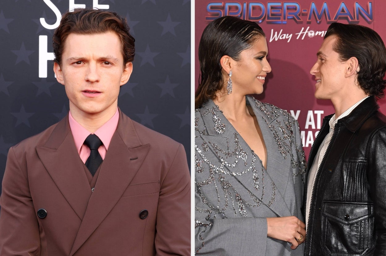 Left: Tom Holland at an event. Right: Tom smiling at Zendaya on a red carpet